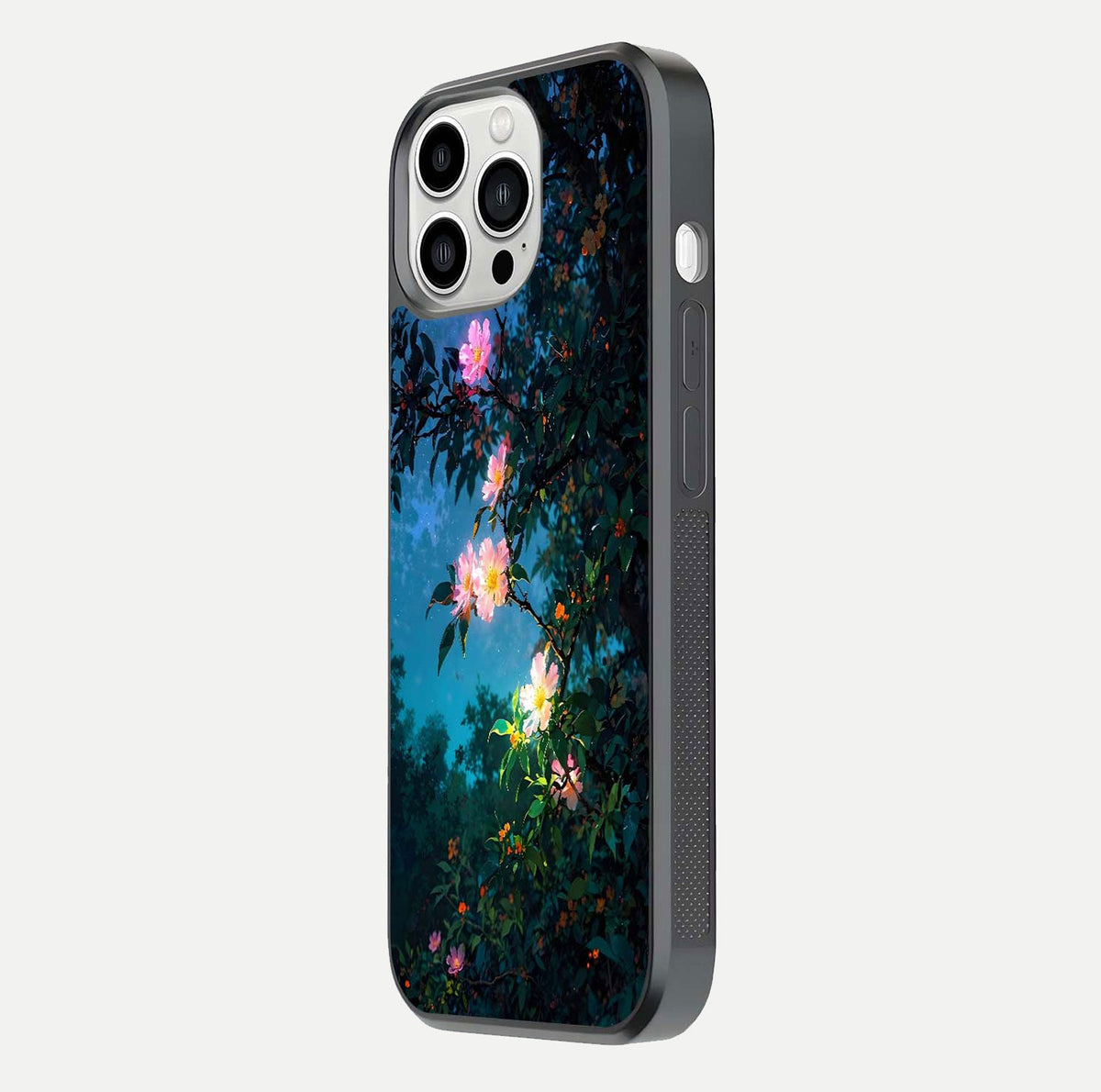 Midnight Bloom Glow Glass Case for iPhone 13 Pro Max side-angle image revealing reflection and deep midnight hues