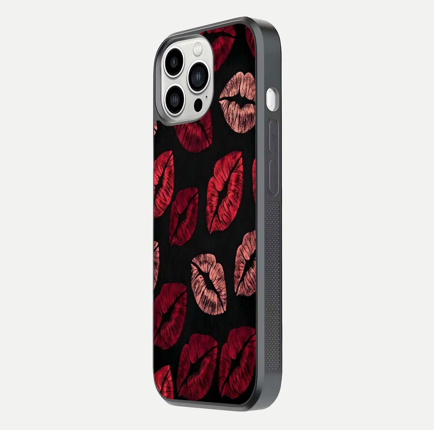 Midnight Kiss Love Glass Case for iPhone 13 Pro Max side-angle image revealing gloss texture and deep love motif