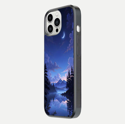 Midnight Lake Peace Glass Case for iPhone 13 Pro Max side-angle image showing HD shine and tranquil color tones