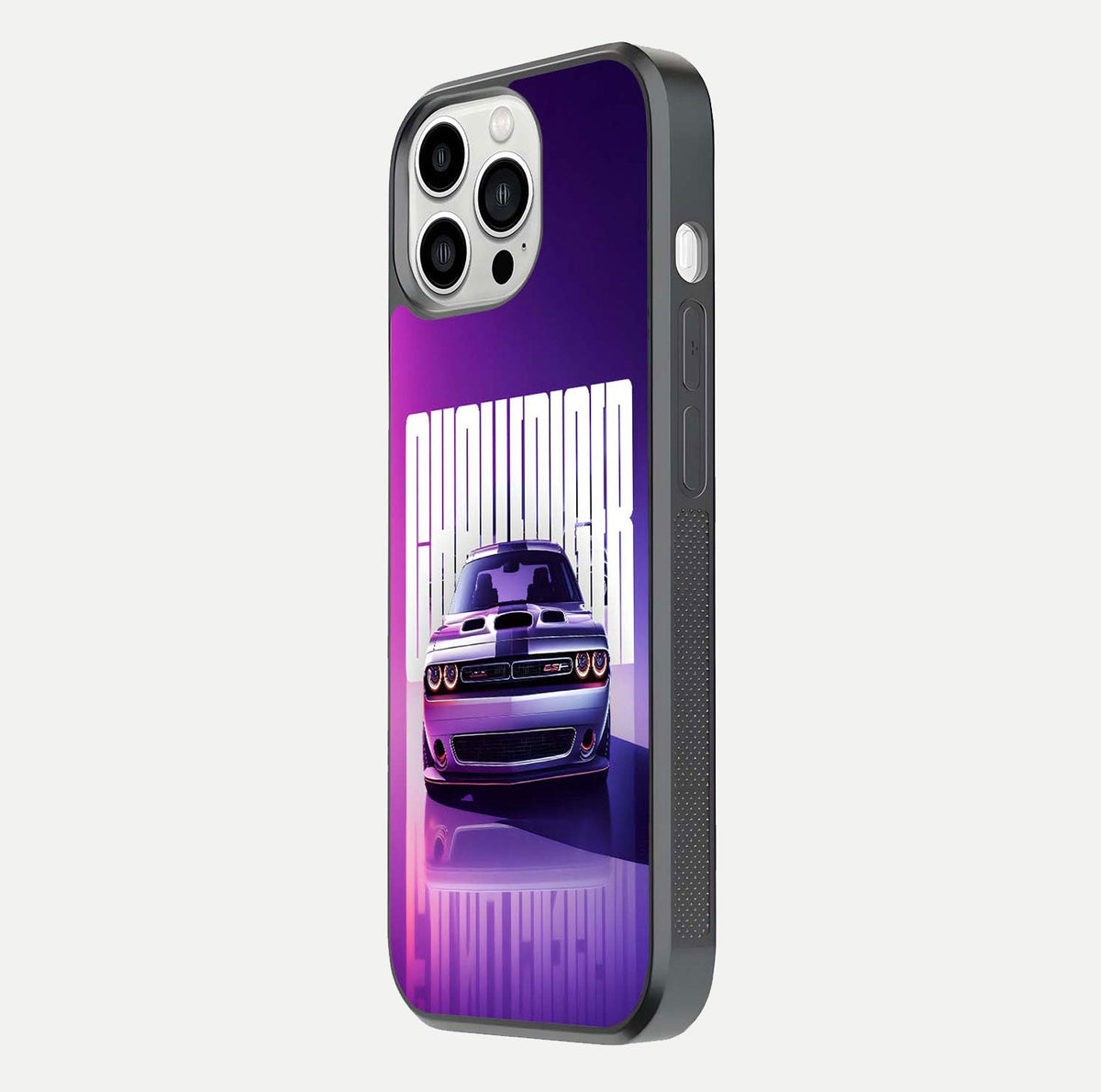 Midnight Muscle Ride Glass Case for iPhone 13 Pro Max side-angle image showing reflection clarity and bold design