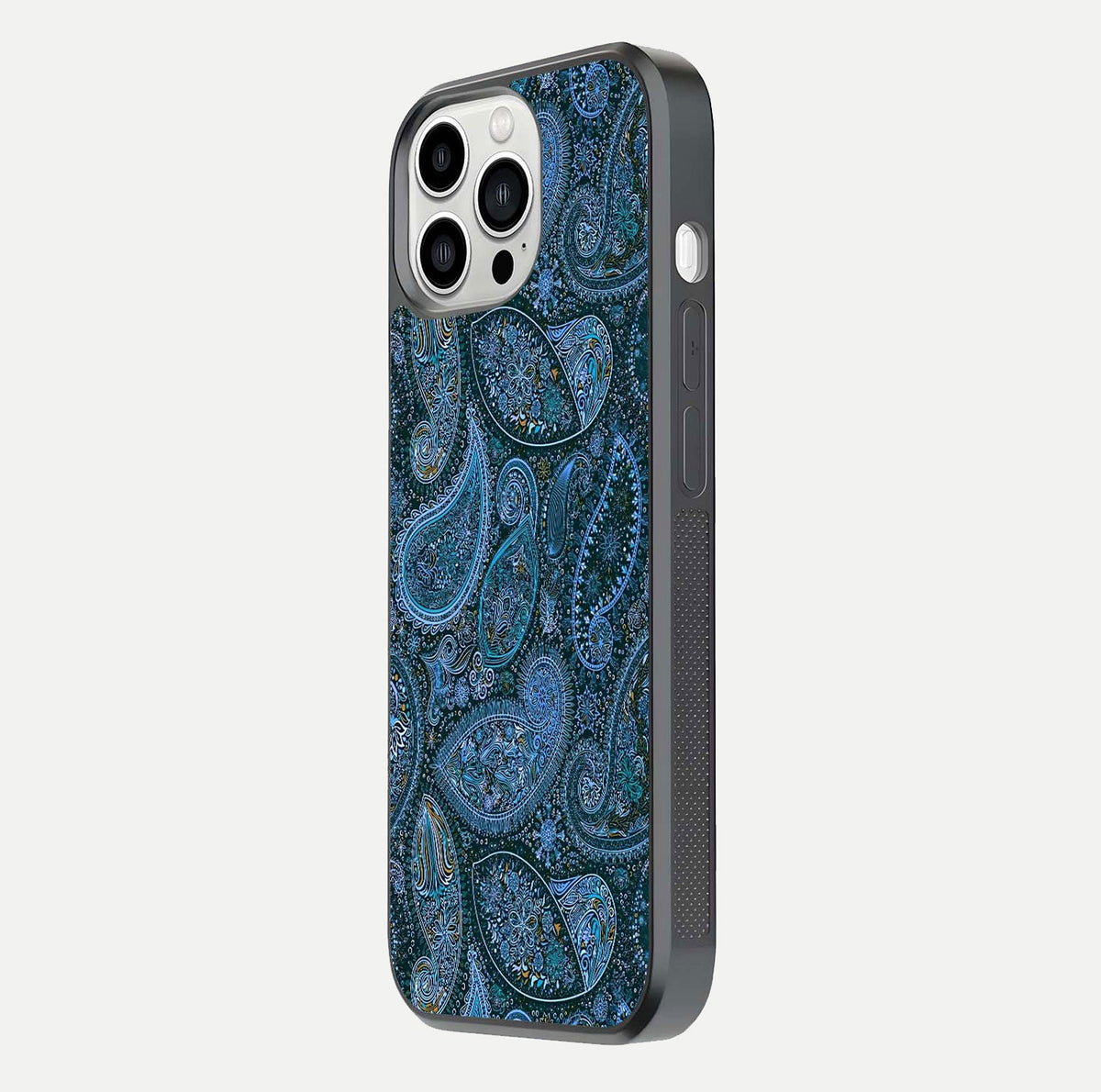 Midnight Paisley Glow Glass Case for iPhone 13 Pro Max side-angle image revealing reflective gloss and paisley art