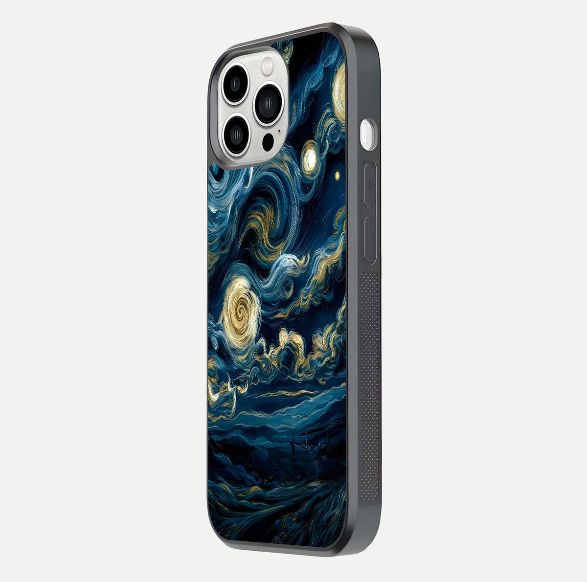 Midnight Sky Whirl Glass Case for iPhone 13 Pro Max side-angle image showing reflection depth and galaxy pattern