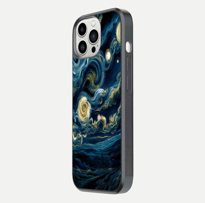 Midnight Sky Whirl Glass Case for iPhone 13 Pro Max side-angle image showing reflection depth and galaxy pattern