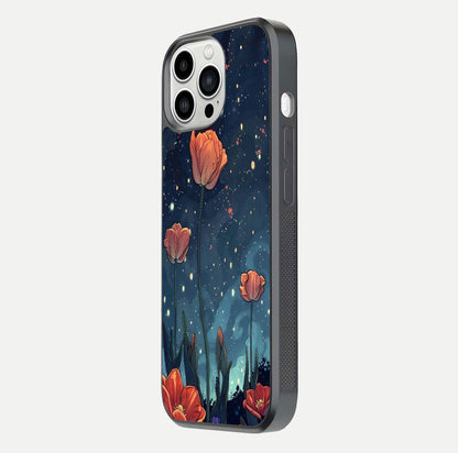 Midnight Tulip Glow Glass Case for iPhone 13 Pro Max side-angle image showing shine depth and flower artwork