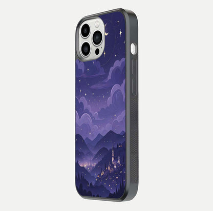 Minimal Night View Glass Case for iPhone 13 Pro Max side-angle image showing subtle reflection and urban design