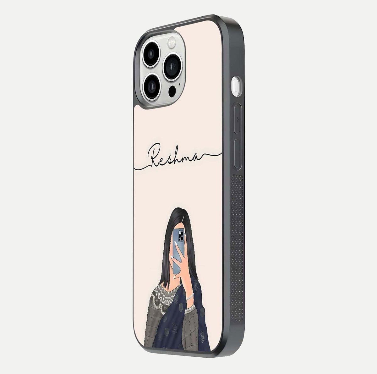 Mirror Mood Muse Custom Name Glass Case for iPhone 13 Pro Max side-angle image emphasizing glossy mirror texture