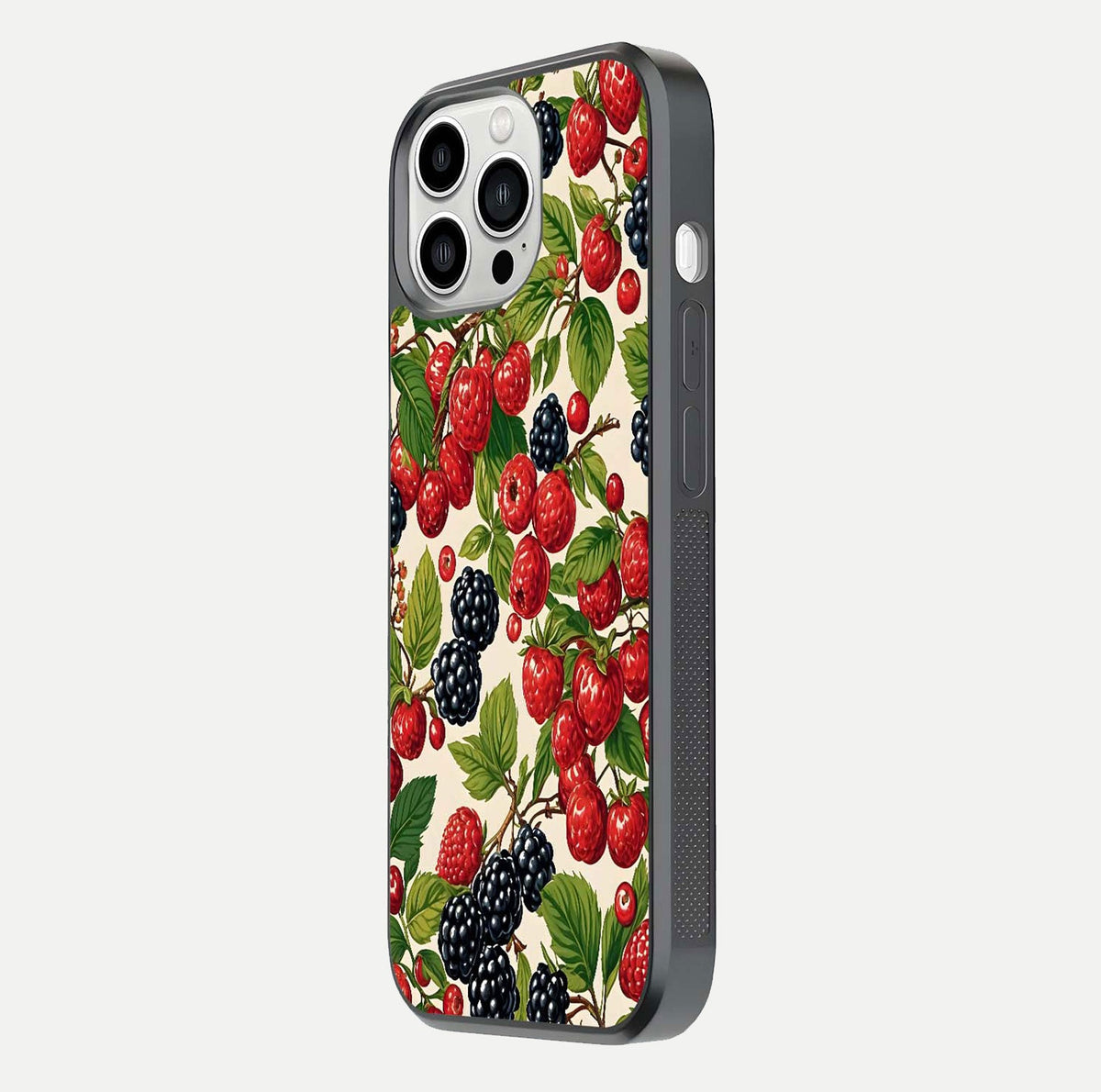 Mixed Berry Collage Glass Case for iPhone 13 Pro Max side-angle image showing reflection and HD fruit texture