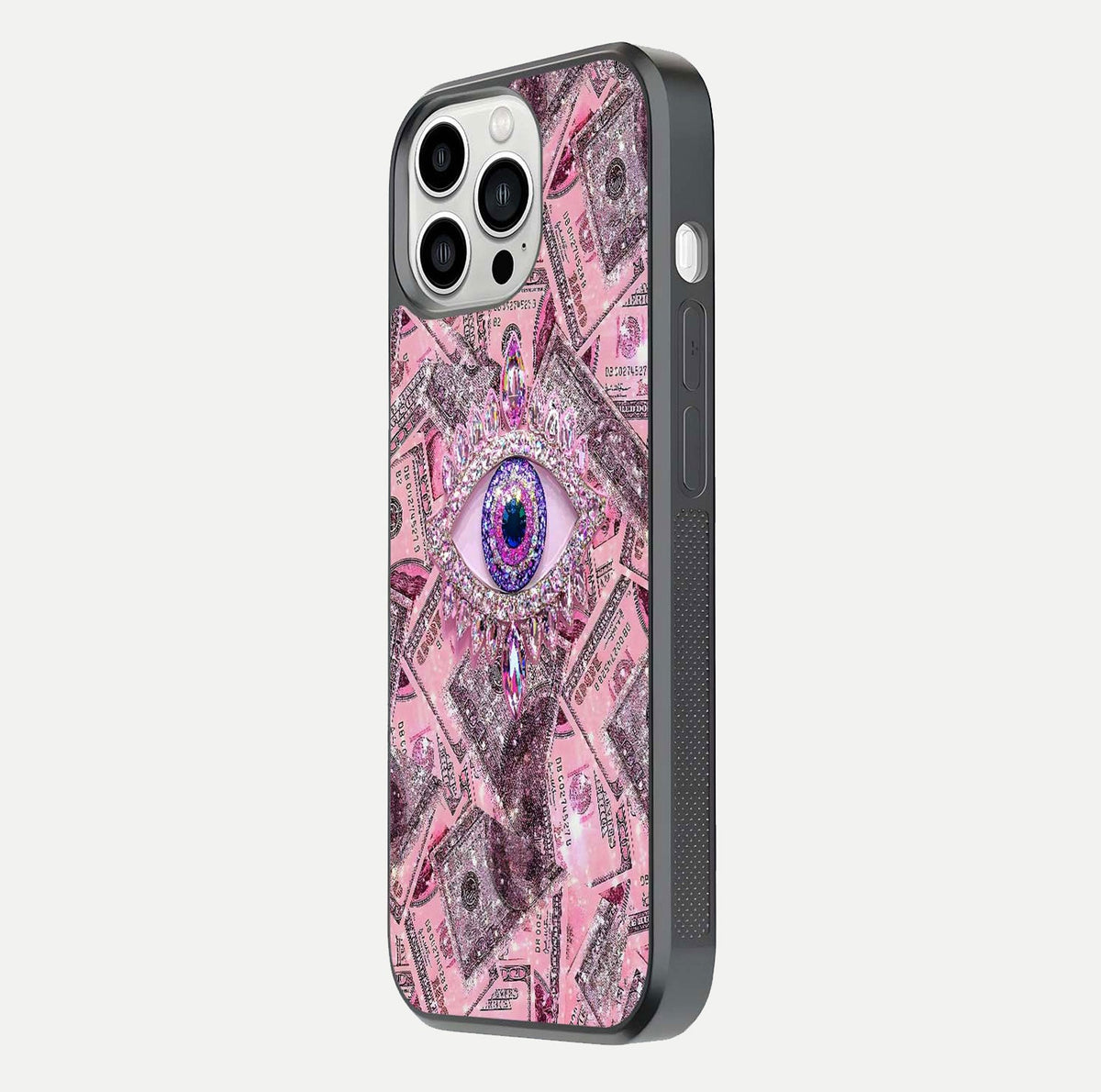 Money Eye Luxe Glass Case for iPhone 13 Pro Max side-angle image showing HD reflection and luxury print clarity