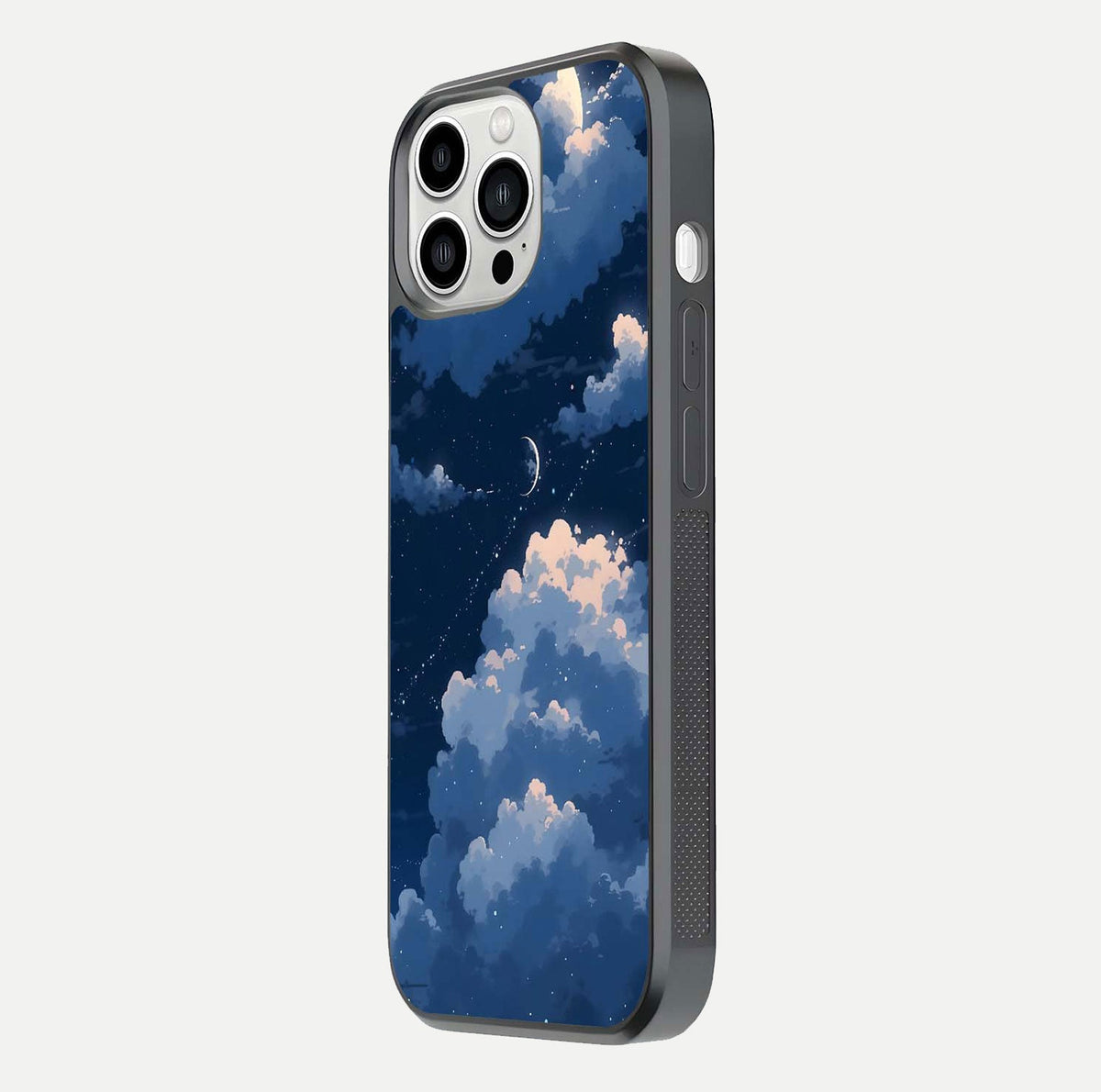 Moon Dream Haze Glass Case for iPhone 13 Pro Max side-angle image showing HD reflection and moonlight detailing
