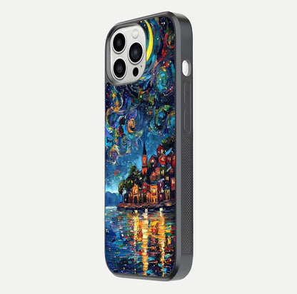 Moonlight Harbor Glow Glass Case for iPhone 13 Pro Max side-angle image showing reflective surface and ocean tones