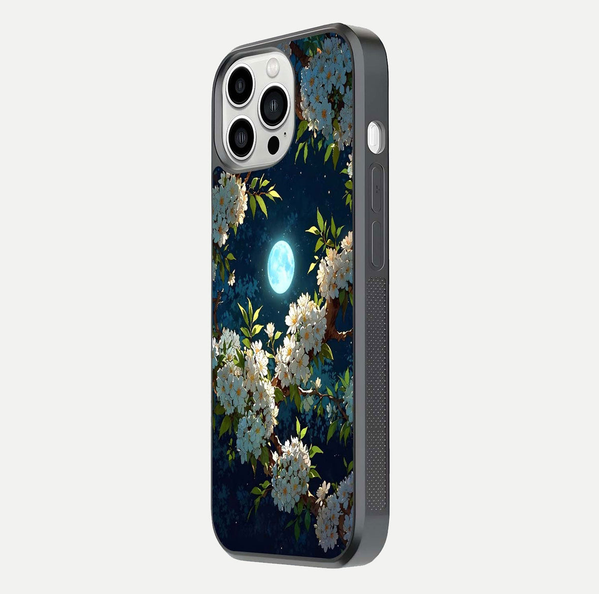 Moonlit Blossom Dream Glass Case for iPhone 13 Pro Max side-angle image showing shine depth and flower glow