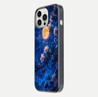 Moonlit Blossoms Night Glass Case for iPhone 13 Pro Max side-angle image revealing shine and night bloom texture