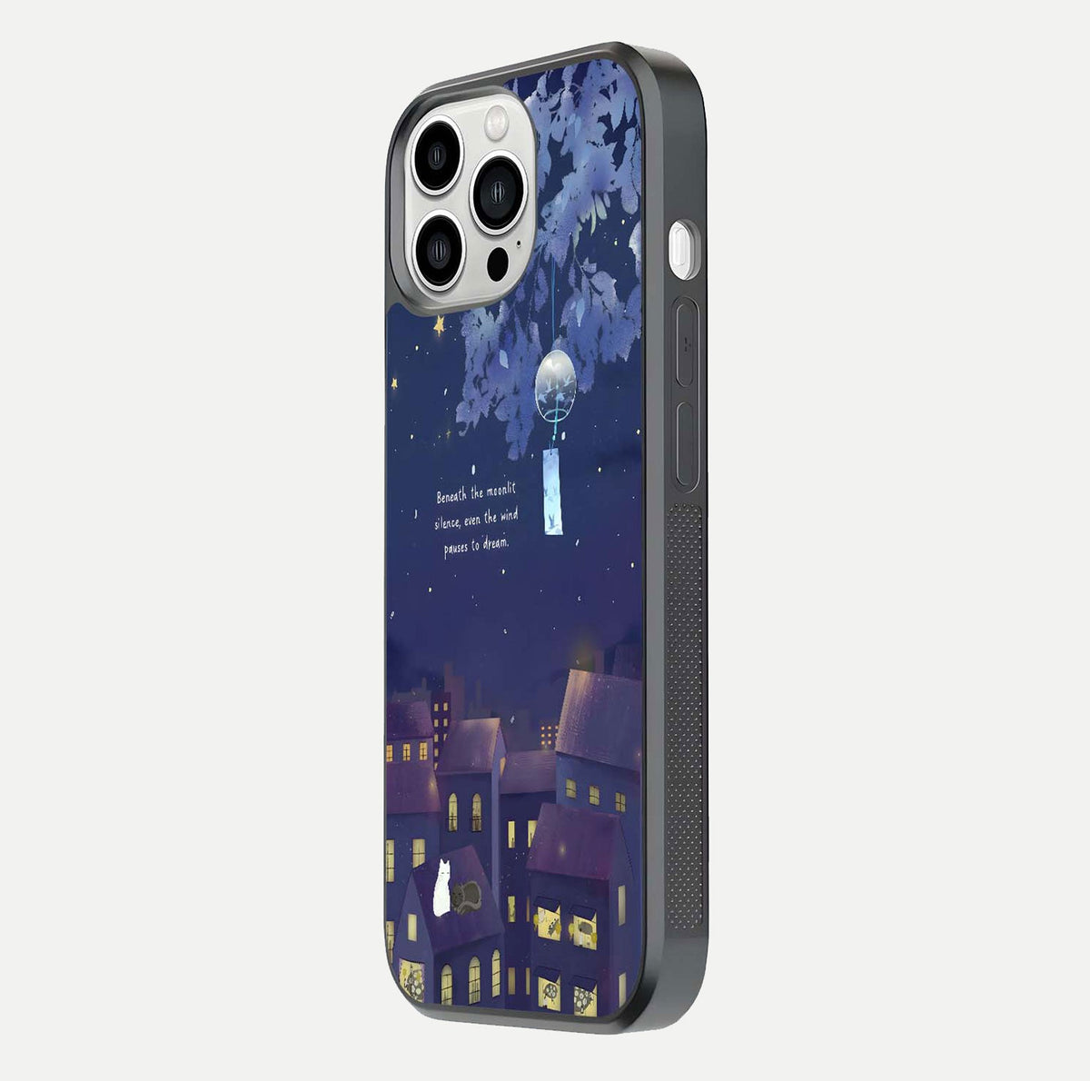 Moonlit Cat Silence Glass Case for iPhone 13 Pro Max side-angle image showing HD gloss and feline artwork detail