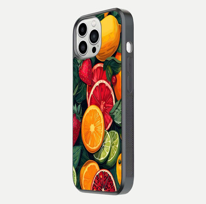 Multiple Fruits Glass Case for iPhone 13 Pro Max side-angle image showing glossy surface and vivid fruit pattern