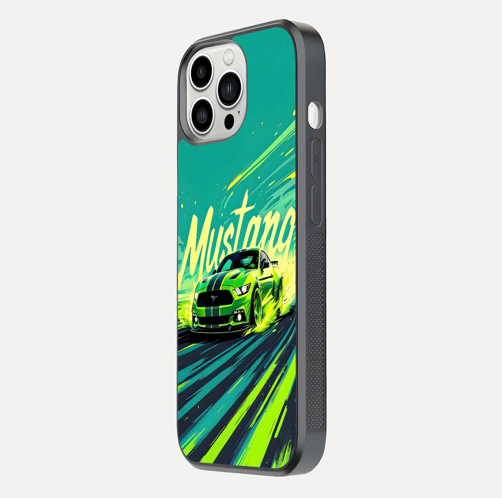 Mustang Bang Glass Case for iPhone 13 Pro Max side-angle image showing reflection clarity and bold car artwork