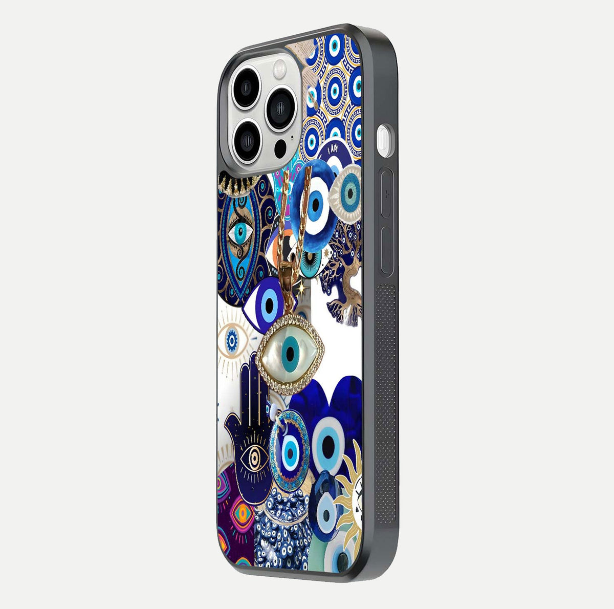 Mystic Charm Eye Glass Case for iPhone 13 Pro Max side-angle image showing HD reflection and sacred tone