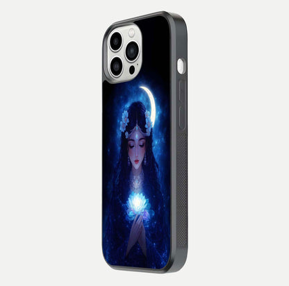 Mystic Moon Queen Glass Case for iPhone 13 Pro Max side-angle image showing reflection and celestial details