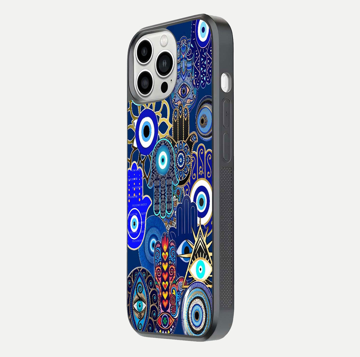 Mystic Palm Guard Glass Case for iPhone 13 Pro Max side-angle image showing shine depth and sacred motif