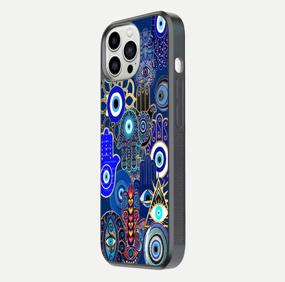Mystic Palm Guard Glass Case for iPhone 13 Pro Max side-angle image showing shine depth and sacred motif