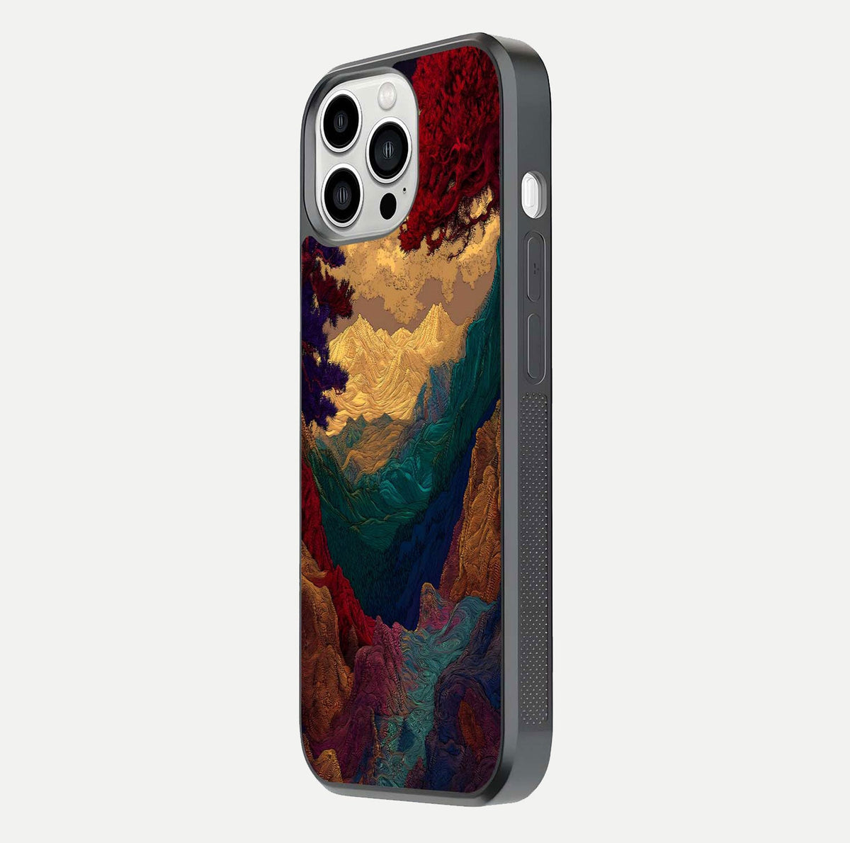 Mystic Valley Light Glass Case for iPhone 13 Pro Max side-angle image showing shine and peaceful hues