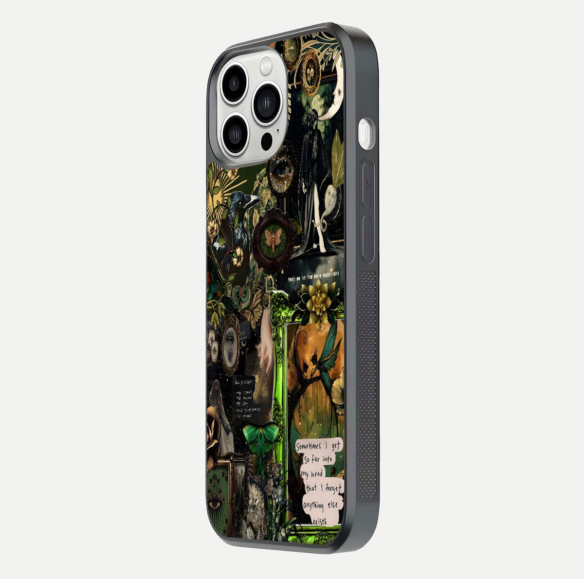 Mystic Woods Secret Glass Case for iPhone 13 Pro Max side-angle image showing gloss reflection and forest pattern