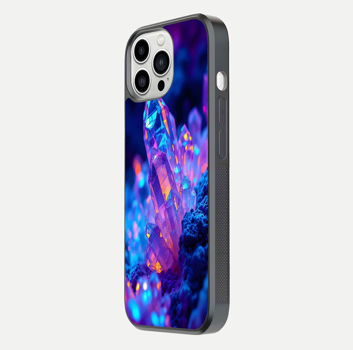 Neon Aura Shards Glass Case for iPhone 13 Pro Max side-angle image showing light depth and glossy contrast