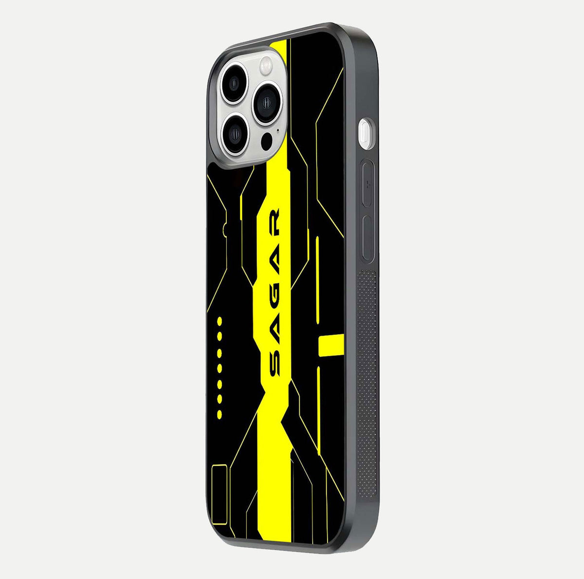 Neon CYBERPUNK Custom Name Glass Case for iPhone 13 Pro Max side-angle image showing glow depth and bold print