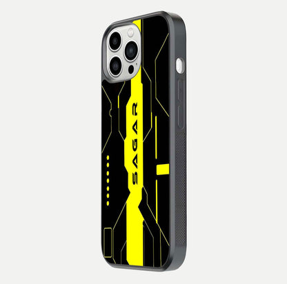 Neon CYBERPUNK Custom Name Glass Case for iPhone 13 Pro Max side-angle image showing glow depth and bold print