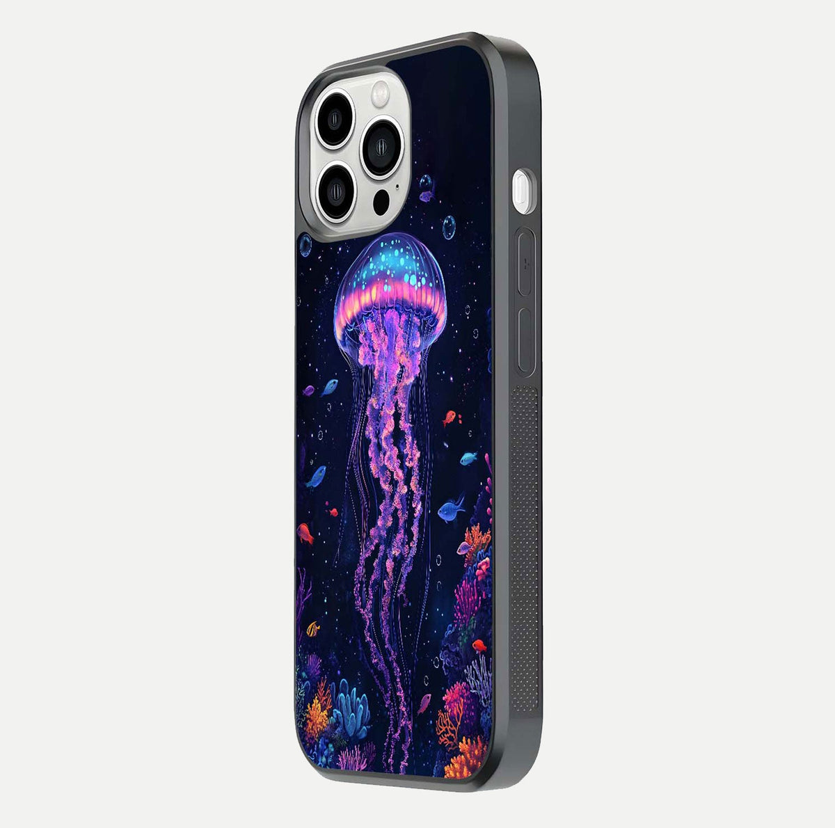 Neon Jellyfish Glass Case for iPhone 13 Pro Max side-angle image showing reflection and oceanic light detailing