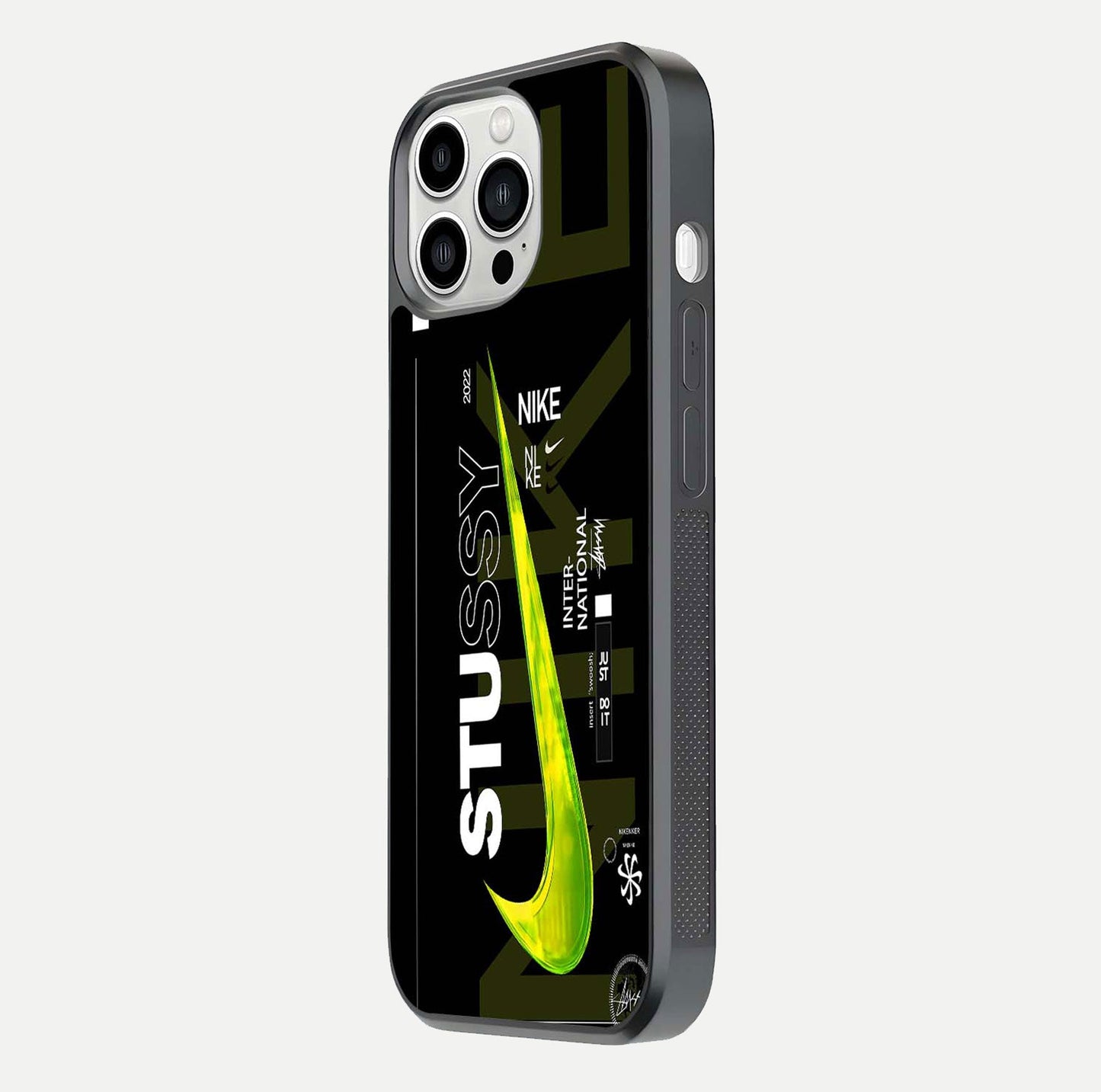 Neon Street Edition Glass Case for iPhone 13 Pro Max side-angle image showing reflection depth and modern tones