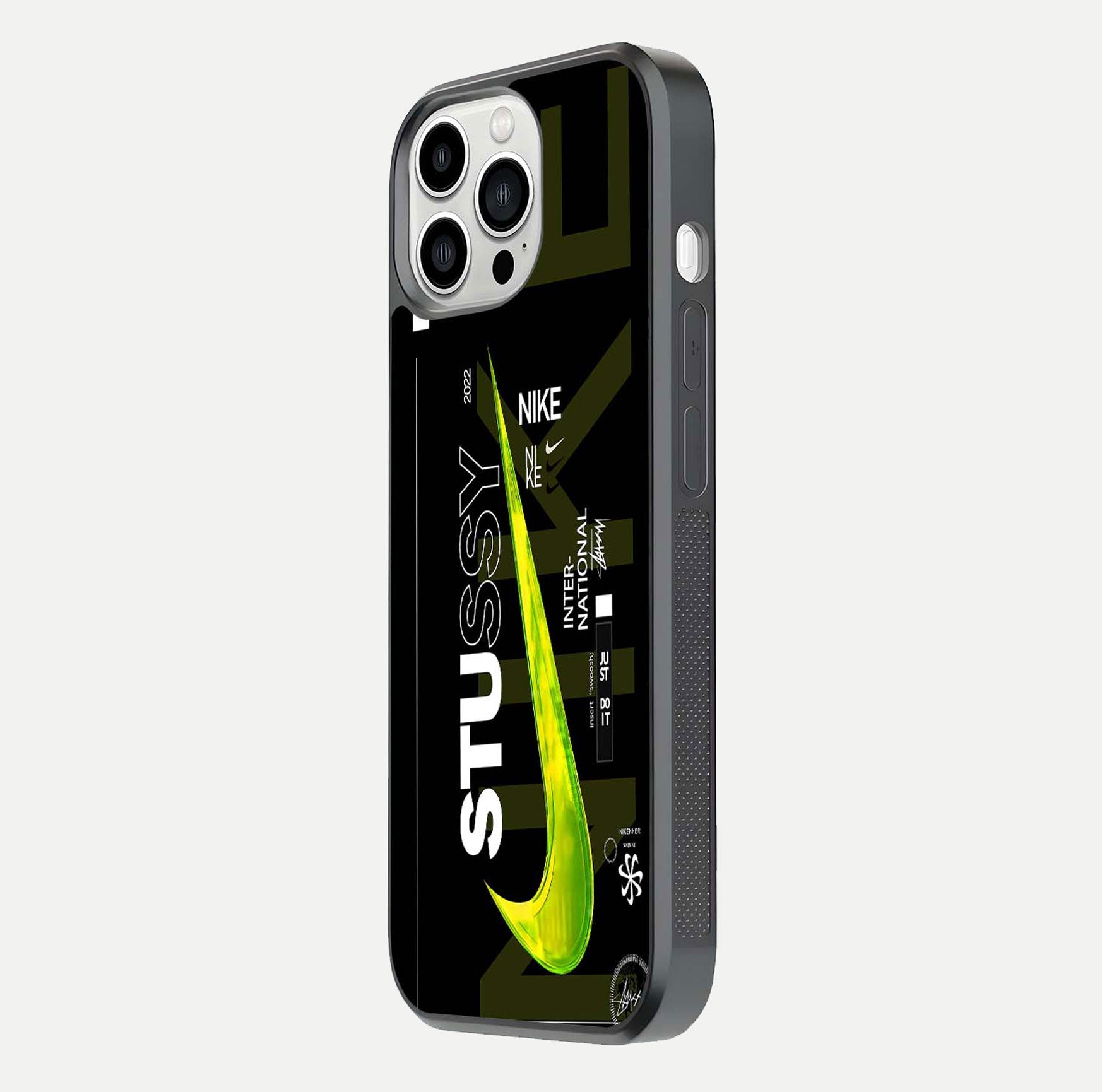 Neon Street Edition Glass Case for iPhone 13 Pro Max side-angle image showing reflection depth and modern tones