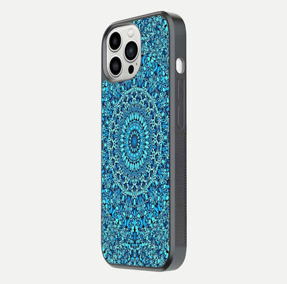 Ocean Bloom Mandala Glass Case for iPhone 13 Pro Max side-angle image showing reflection and detailed floral pattern