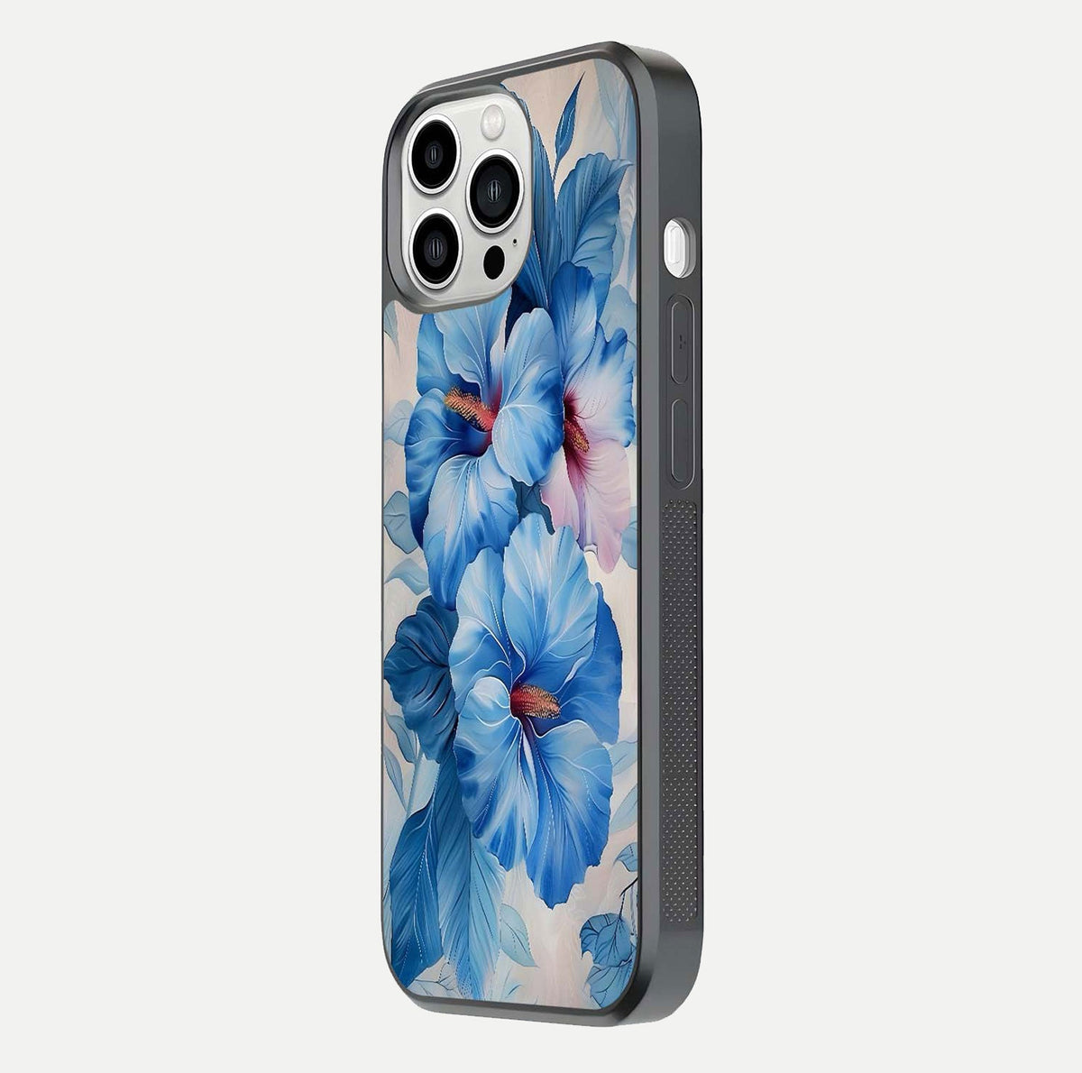 Ocean Hibiscus Grace Glass Case for iPhone 13 Pro Max side-angle image showing smooth texture and hibiscus details