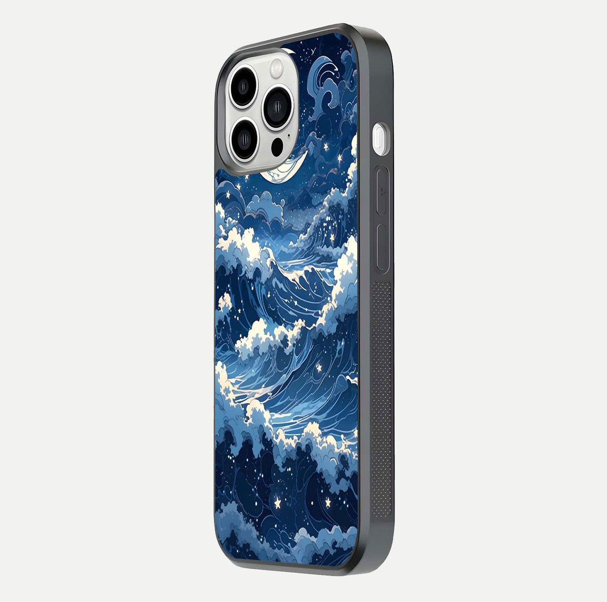Ocean Moon Waves Glass Case for iPhone 13 Pro Max side-angle image showing shine and ocean gradient tones