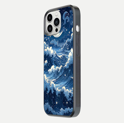 Ocean Moon Waves Glass Case for iPhone 13 Pro Max side-angle image showing shine and ocean gradient tones
