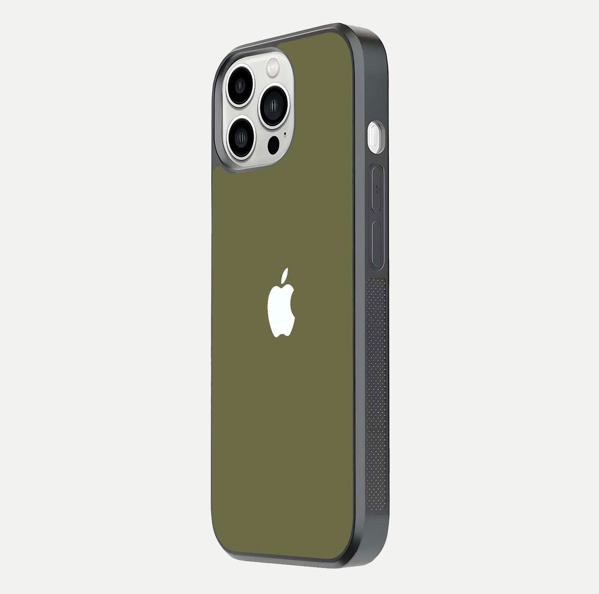Olive Matte Essence Glass Case for iPhone 13 Pro Max side-angle image showing soft hue and elegant smooth surface