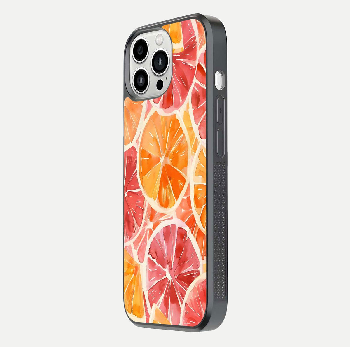 Orange Fruits Pattern Glass Case for iPhone 13 Pro Max side-angle image showing glossy shine and citrus pattern