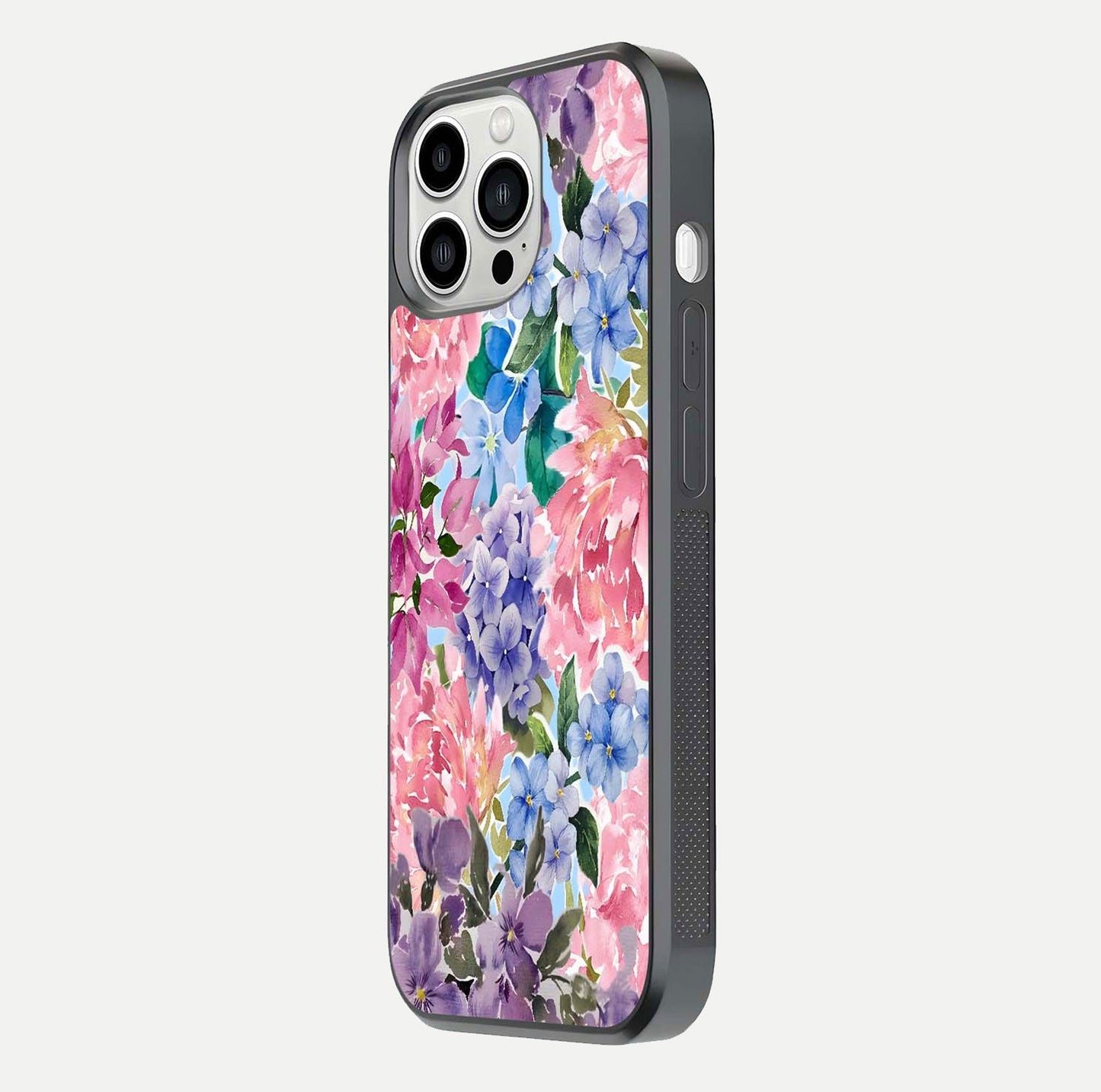 Pastel Floral Mix Glass Case for iPhone 13 Pro Max side-angle image showing reflection and delicate pastel hues