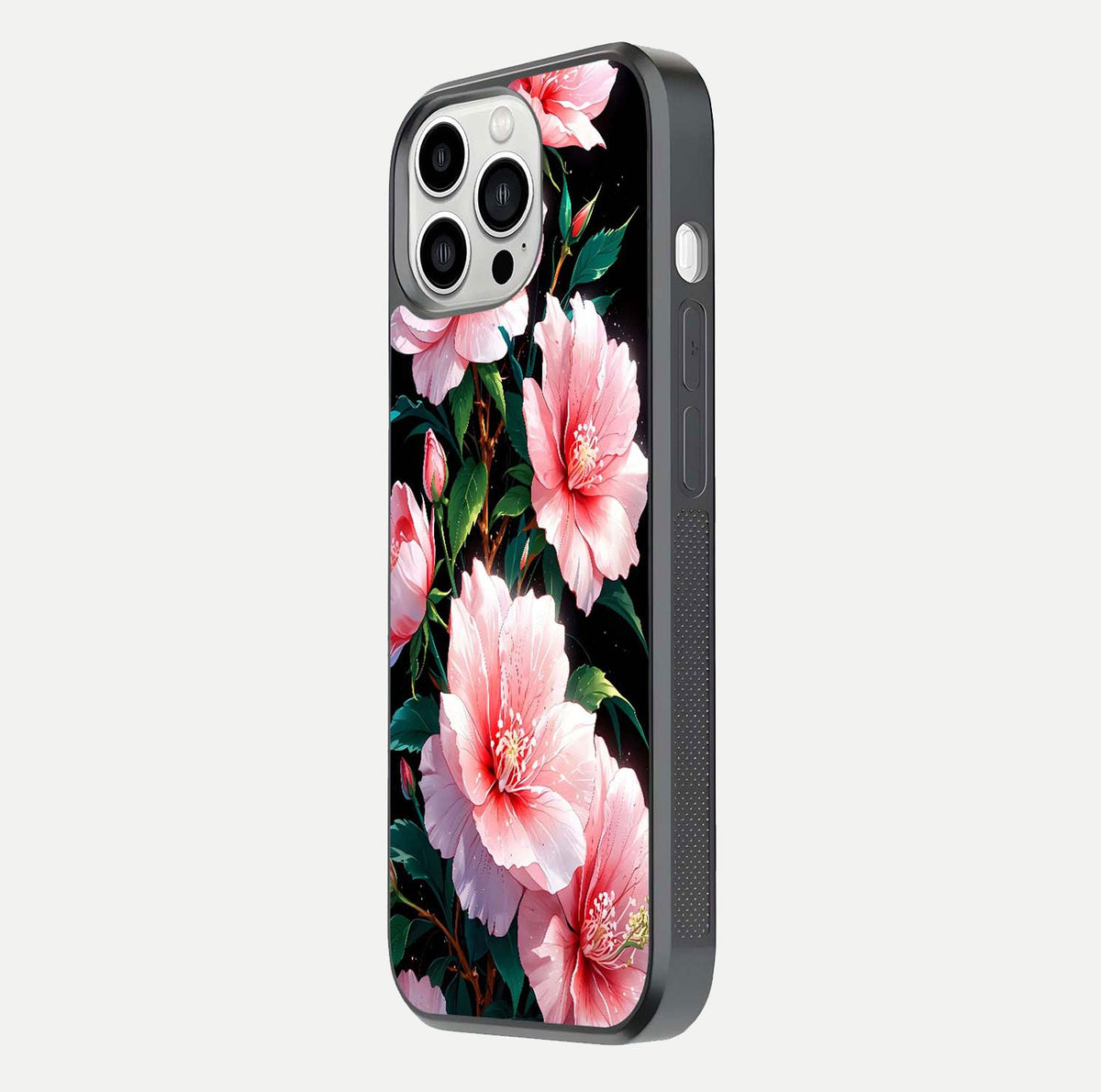 Peach Flower Glass Case for iPhone 13 Pro Max side-angle image showing gloss depth and peach blossom detail