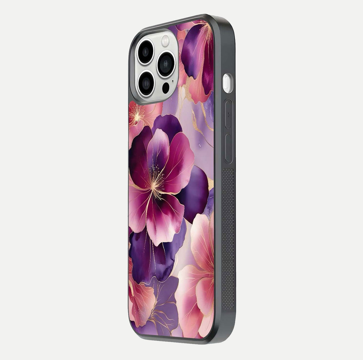 Pink Bouquet Florals Glass Case for iPhone 13 Pro Max side-angle image showing floral texture and reflection clarity