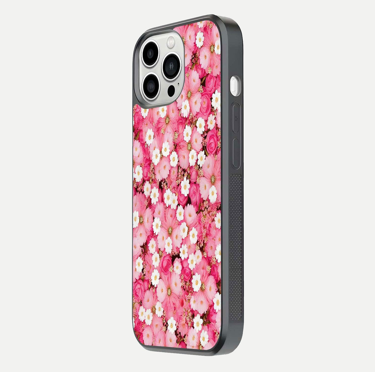 Pink Daisy Bliss Glass Case for iPhone 13 Pro Max side-angle image showing delicate daisy pattern and glass reflection