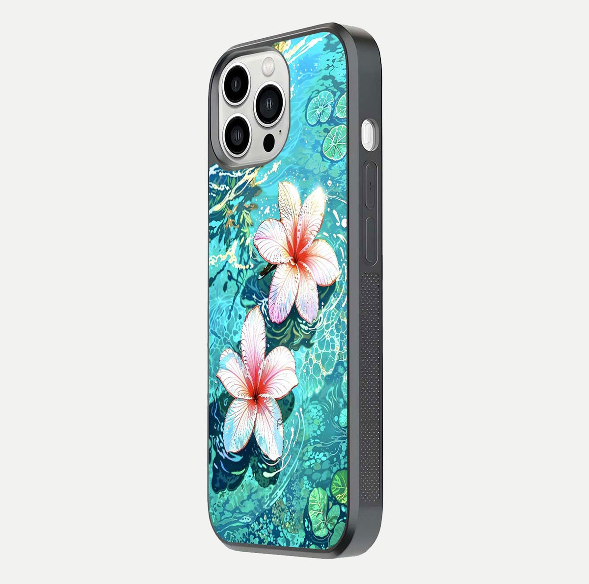 Pink Flowers in Water Glass Case for iPhone 13 Pro Max side-angle image showing reflection and depth of detail