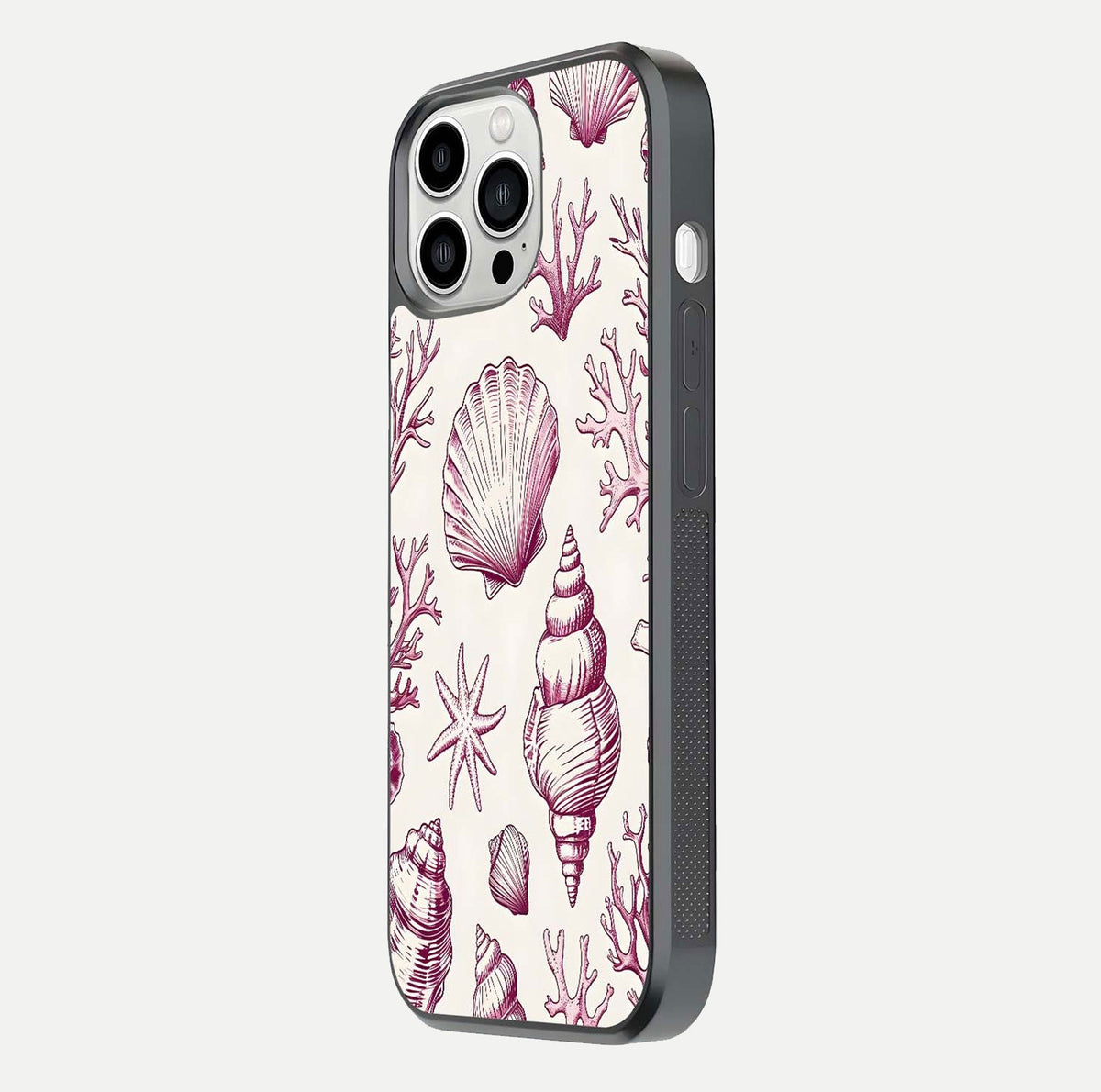 Pink Shells Outline Glass Case for iPhone 13 Pro Max side-angle image showing shine and intricate outline texture