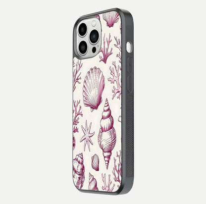 Pink Shells Outline Glass Case for iPhone 13 Pro Max side-angle image showing shine and intricate outline texture