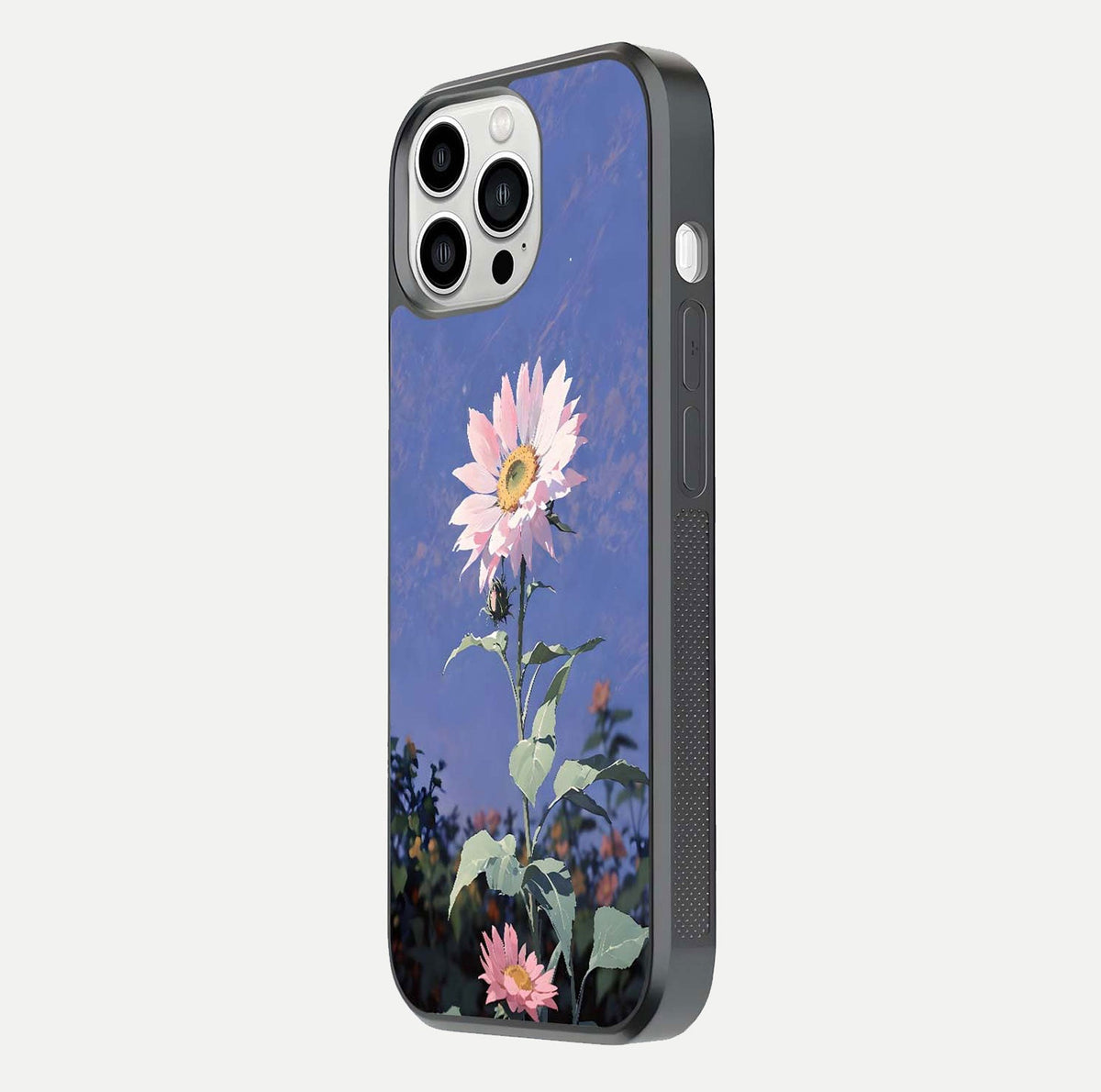 Pink Sunflower Glow Glass Case for iPhone 13 Pro Max side-angle image showing glossy edges and vivid sunflower tones