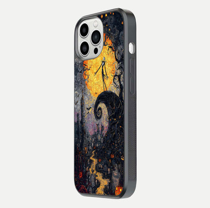 Pumpkin Moon Night Glass Case for iPhone 13 Pro Max side-angle image showing reflection depth and pumpkin pattern