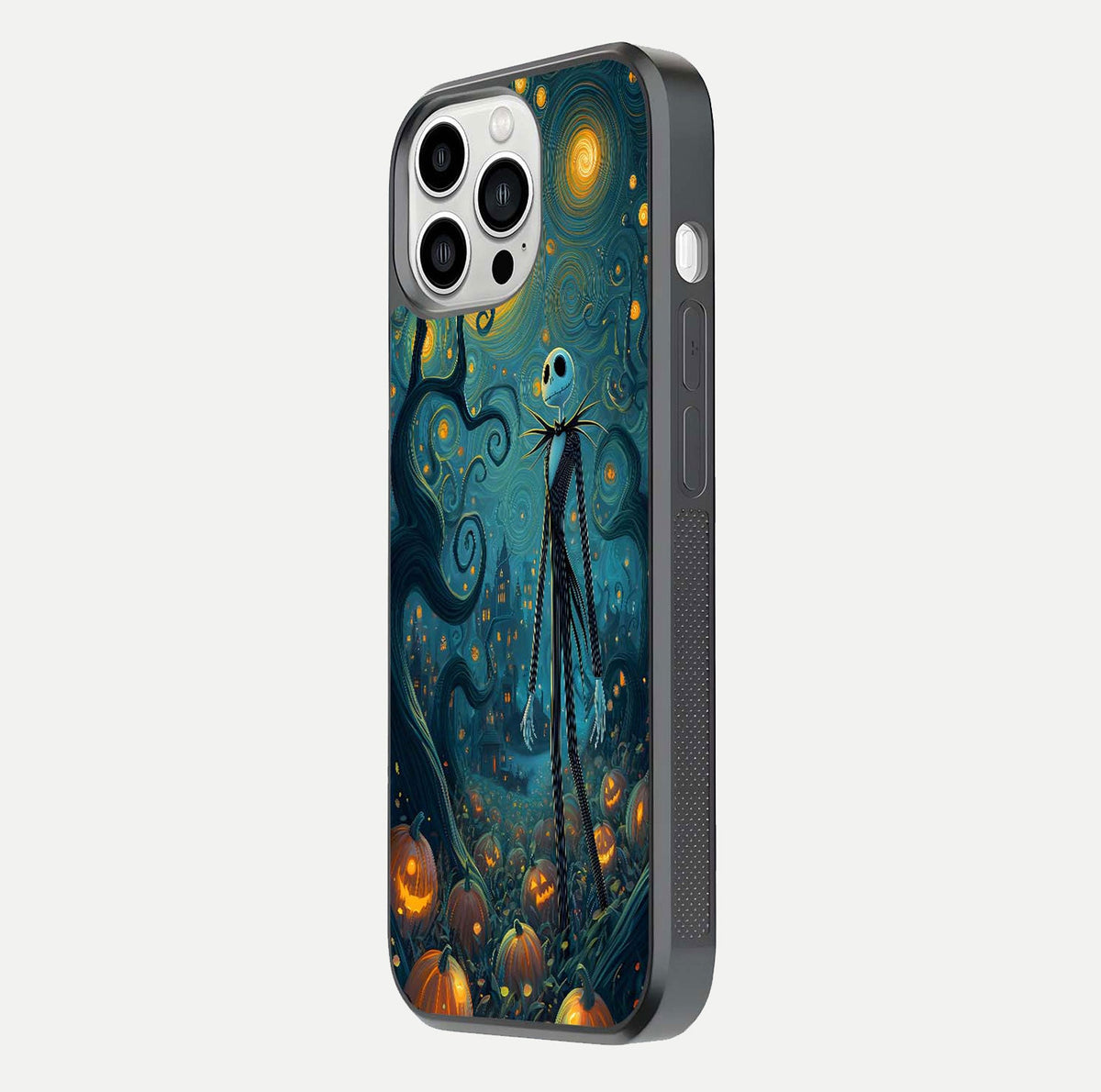 Pumpkin Moonlight Tale Glass Case for iPhone 13 Pro Max side-angle image showing glow texture and Halloween vibe
