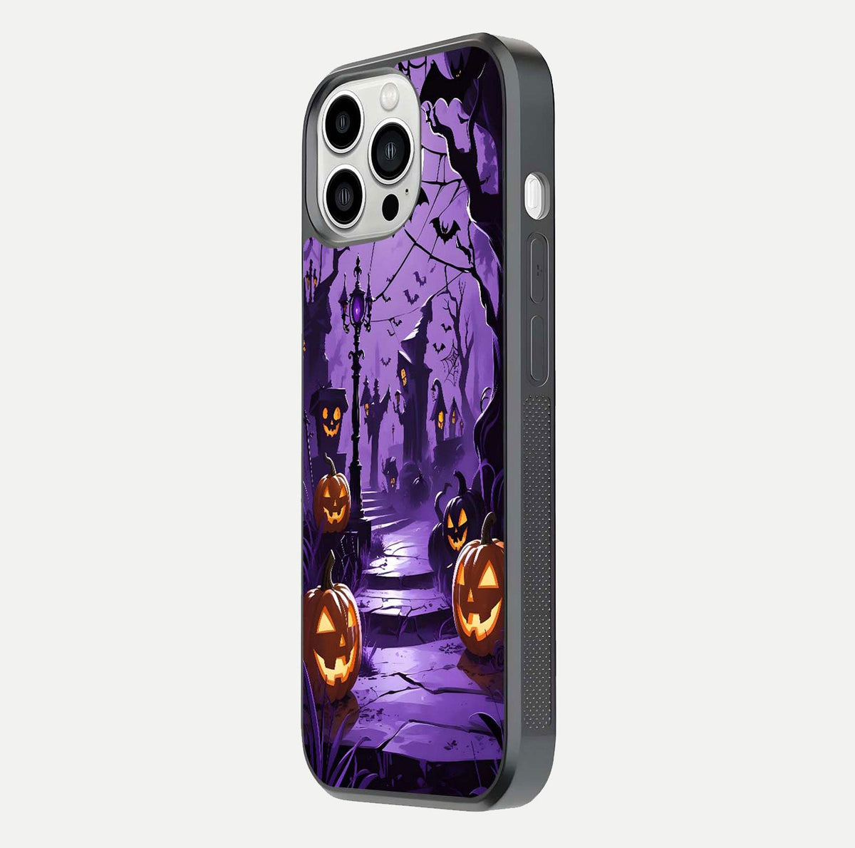 Pumpkin Patch Halloween Glass Case for iPhone 13 Pro Max side-angle image showing shine, camera cutout, and spooky art