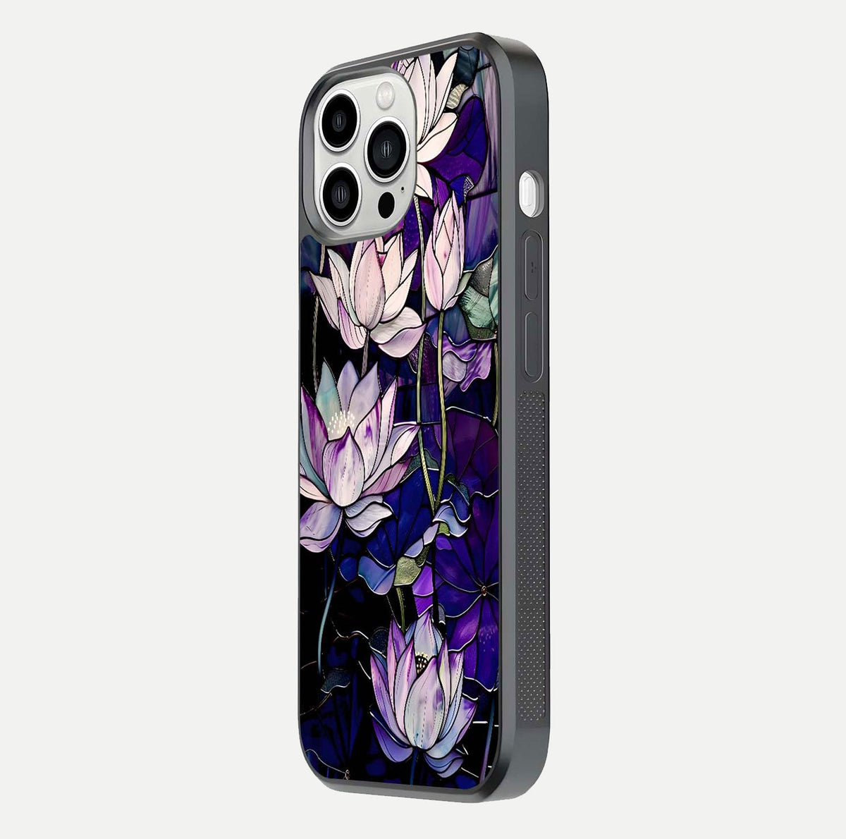 Purple Lotus Pattern Glass Case for iPhone 13 Pro Max side-angle image showing reflection depth and lotus detail