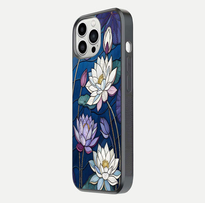 Purple Lotus Stained Glass Case for iPhone 13 Pro Max side-angle image showing gloss, reflection, and intricate detailing